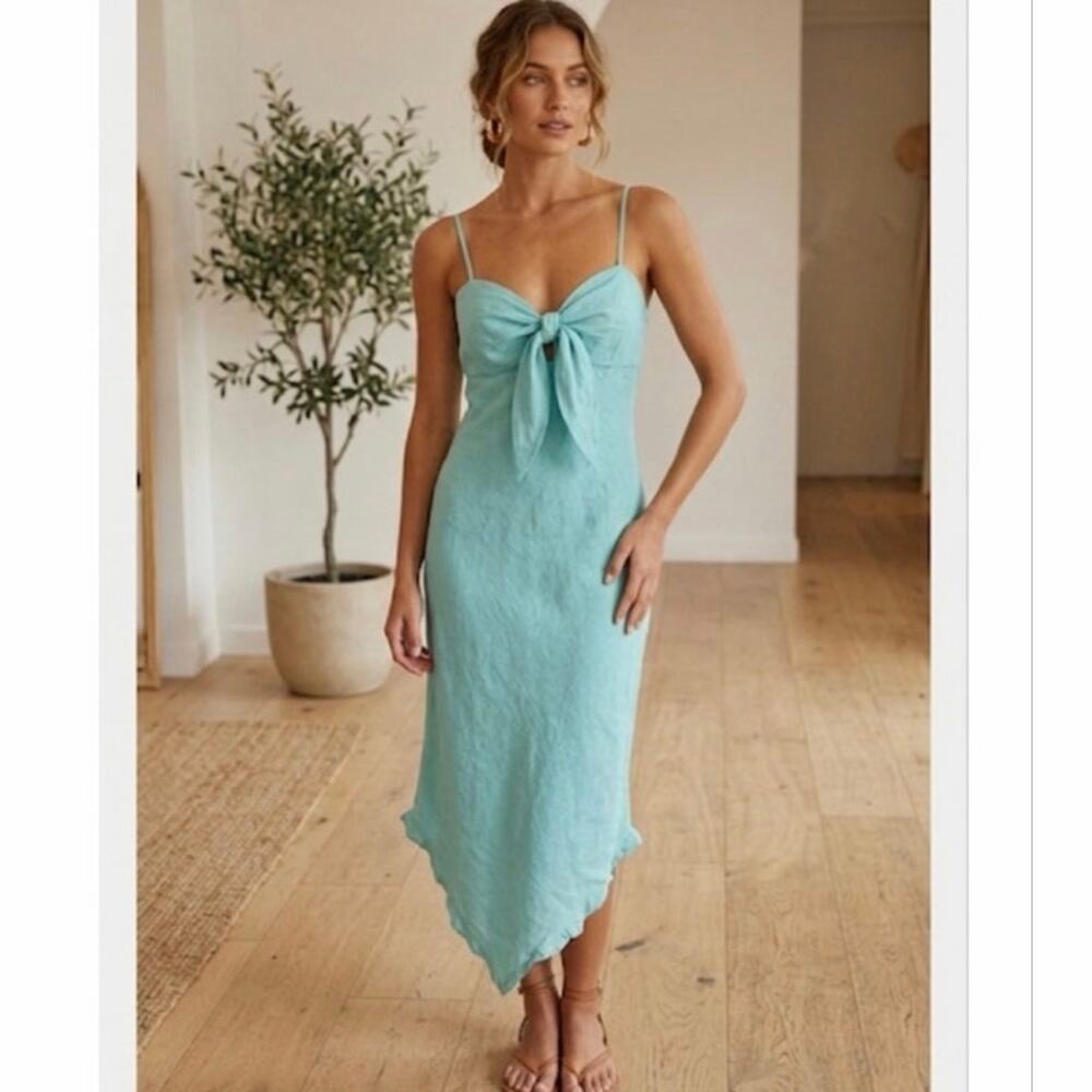 Le Muse Women's 100% Linen Bow Front Asymmetrical Midi Dress Teal Blue Sz 6